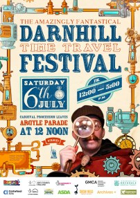 This image is a poster for darnhilll festival.This poster is time travel themed