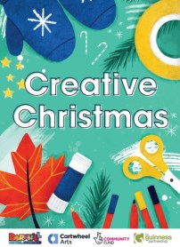 This image is the front cover of an art pack. The text reads creative christmas it has pictures of cellotape , glue sticks and pens