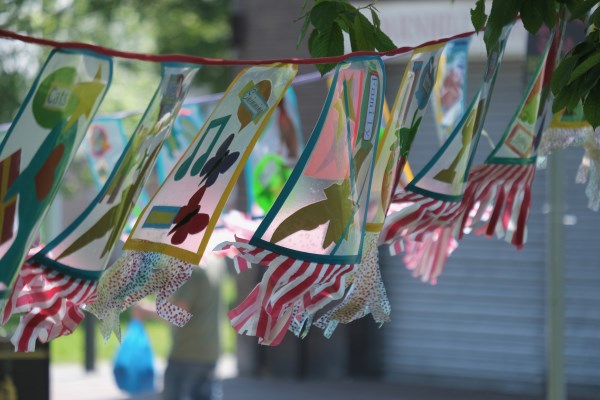 This image shows bunting hung up which local youth created